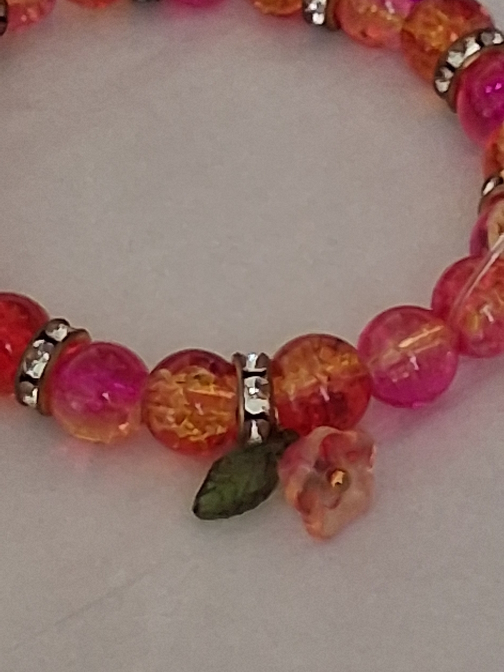 Bright Pink & Orange Beaded Charm Bracelet with Flower and Leaf